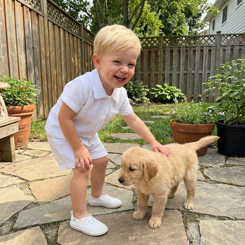 Baby Boy Summer Outfit 2PCS Button Down Shirt Tops + Shorts with Pocket Toddler Infant Triple Cotton Gauze Clothes Set