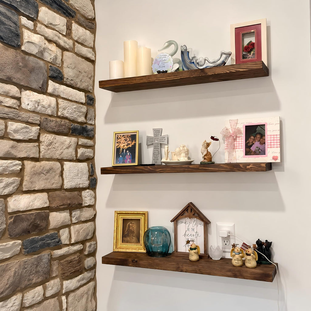36 inch Walnut Floating Shelves for Wall Set of 2, Solid Real Wood Rustic Mount Shelves Bedroom Kitchen Farmhouse
