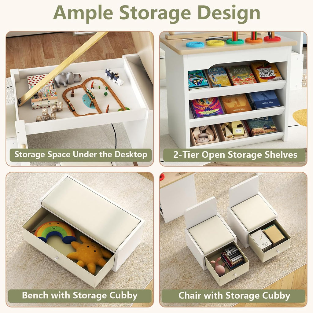 3 in 1 Kids Art Table and Chair Set, Art Desk & Easel with Storage Drawers