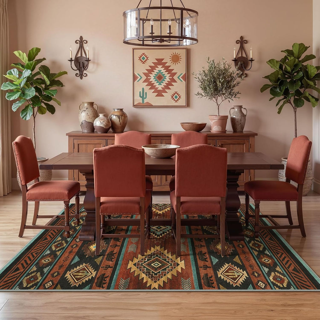 Southwestern 5x7 Red Washable Area Rugs for Living Bedroom