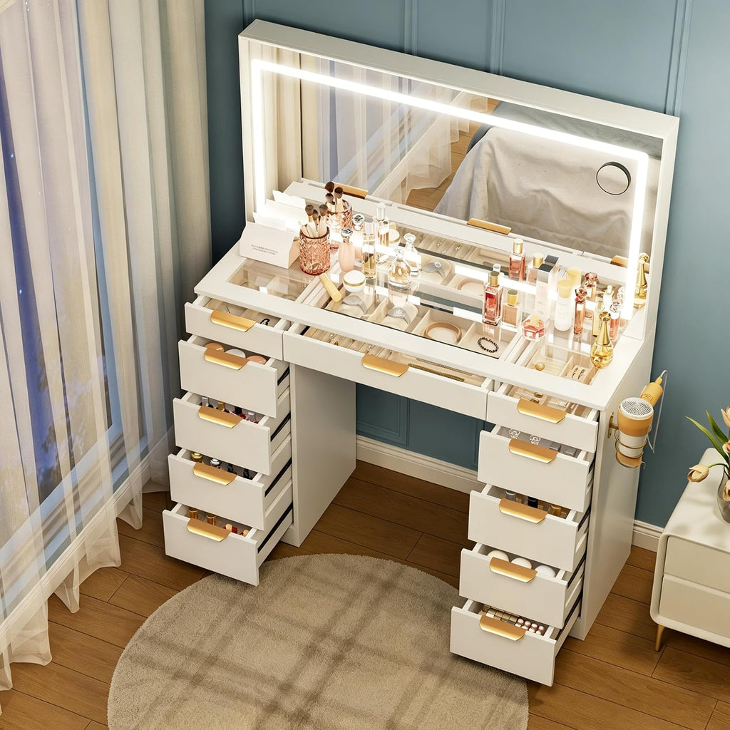 Glass Top Vanity Desk with Mirror and Lights, 11 Drawers Makeup Vanity with Charging Station, Golden Handles Dressing