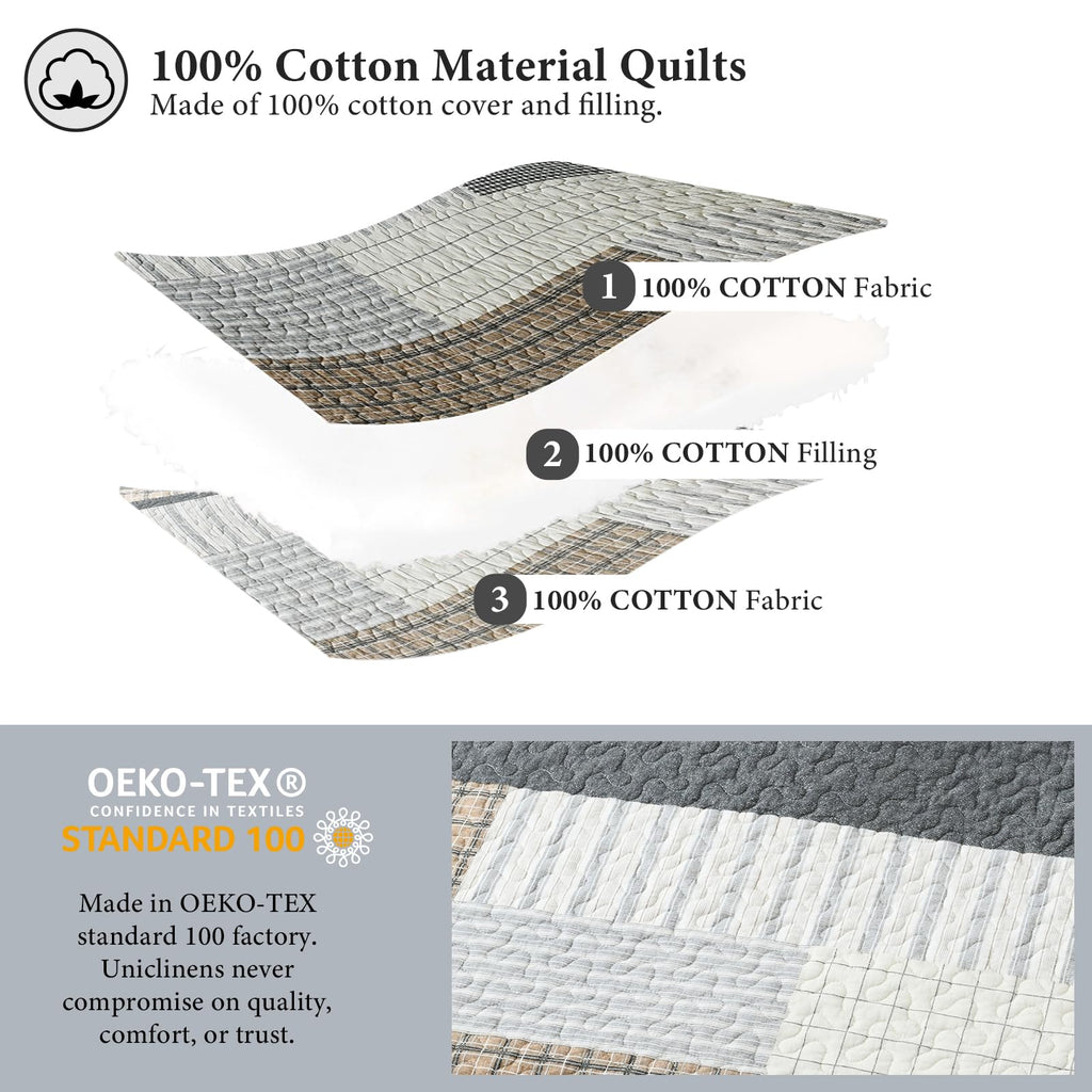 Gray Plaid Quilt Set - 100% Cotton Striped Plaid Patchwork Bedspread Coverlet Set, Lighweight Cozy Cottage
