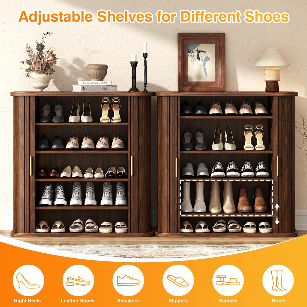 Shoe Storage Cabinet with Sliding Doors, 5-Tier Wood Shoe Cabinet , Adjustable Shelves Freestanding Shoe Organizer