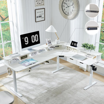 75x60 Inches L Shaped Electric Standing Desk 2 Tier, Antique White
