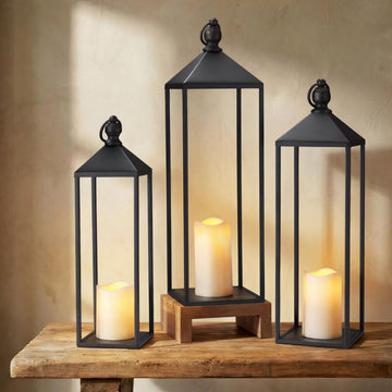 Decorative Lanterns for Indoor & Outdoor, Set of 3 Black Metal Lanterns (22" & 19" & 17") with LED Timer Flameless
