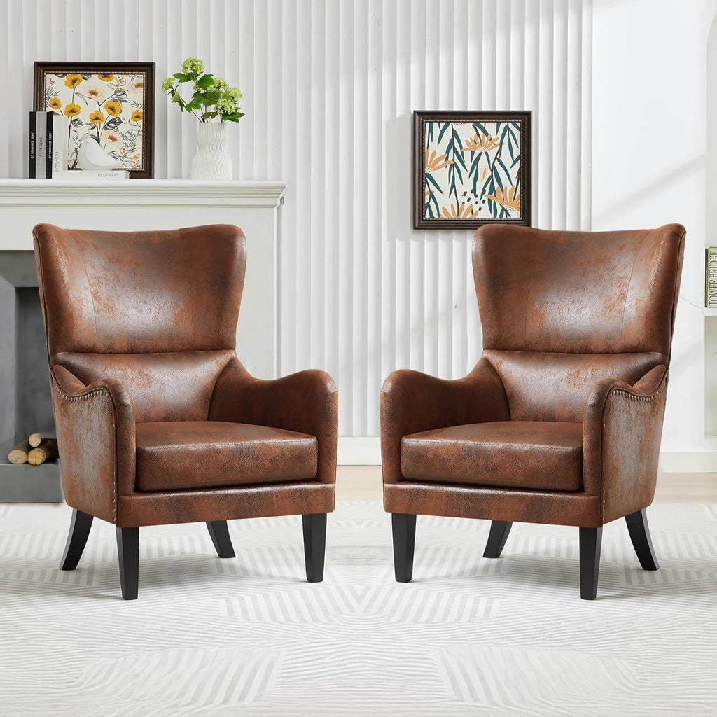 2 Piece Mid-Century Modern Accent Chairs, 27" Wide Wingback Club Chair Set of 2 with Nailhead Trim, Fabric Reading