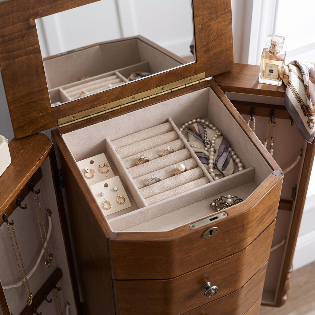 Annette Standing Jewelry Armoire, Locking Jewelry Cabinet, 7 Drawers, Necklace Hooks, Mirror, Secure Storage