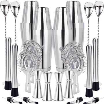 Shaker Set Stainless Steel Cocktail Drink 18 oz&28 oz Shaker Tin with Strainer Jigger Long Spoon Muddler - Set of 24