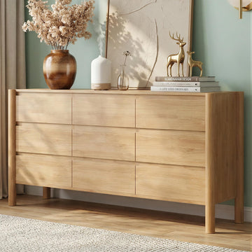 63" Wide Oak 9 Drawer Dresser with Solid Wood Legs