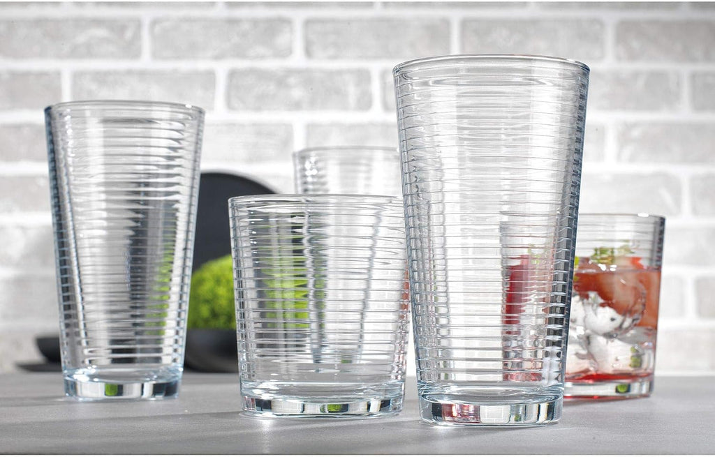 Set of 16 Heavy Base Ribbed Durable Drinking Glasses Includes 8 Cooler Glasses (17oz) and 8 Rocks Glasses (13oz)