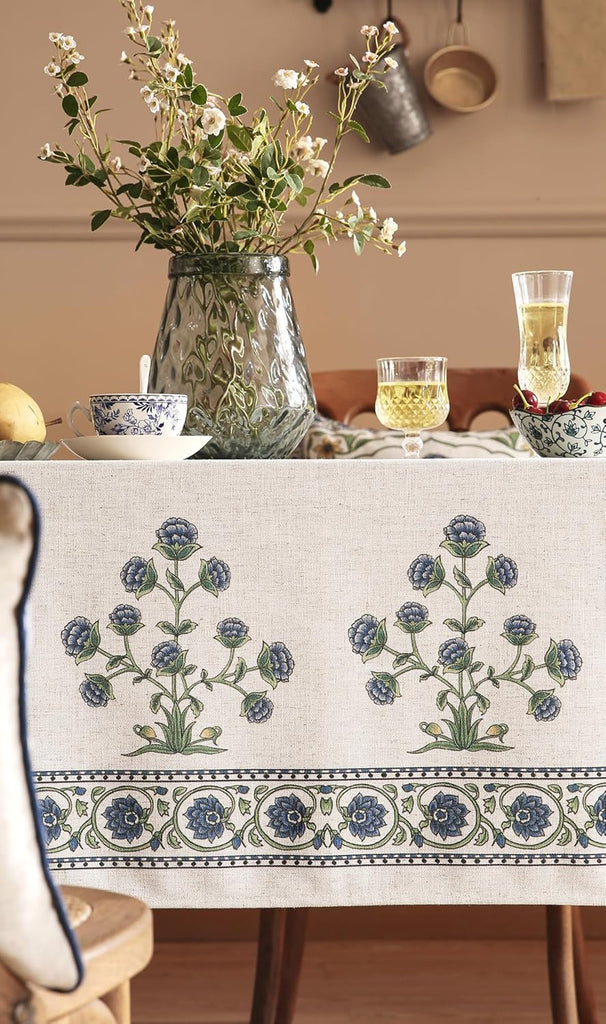 Designer Vintage Small Blue Rectangle Table Cloth,Linen Leaves Pattern Floral Tablecloth,Farmhouse F