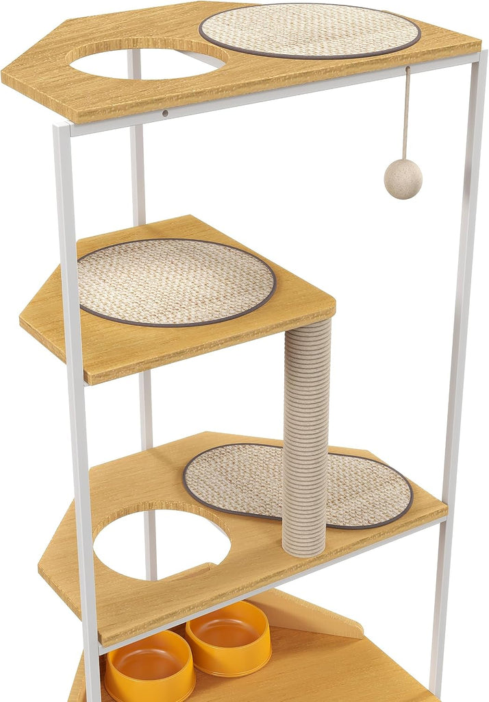 Corner Cat Tree Cat Tower Cat Condo Cat House Furniture, White + Light Oak