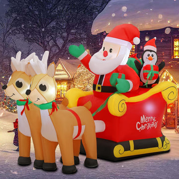6FT Christmas Inflatable Santa Sleigh with 2 Reindeer, LED Lights