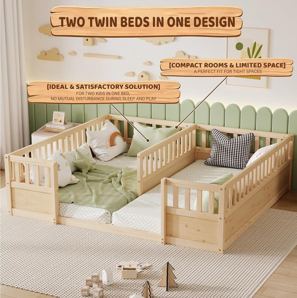 Double Floor Beds for 2 with Fence, Natural