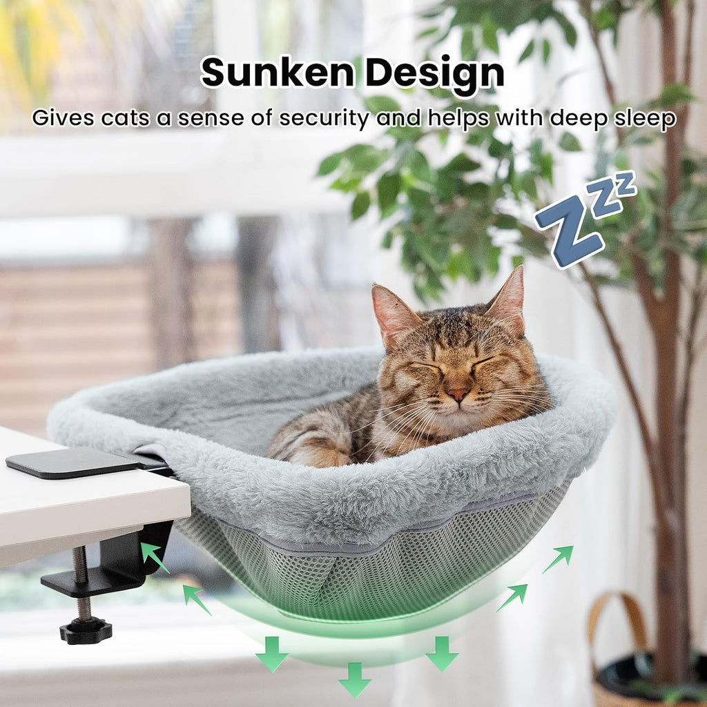 Cat Desk Bed - One-Click Folding, Sunken Design & Space-Saving Semi-Circular Cat Bed, Soft Faux Rabbit Fur Material