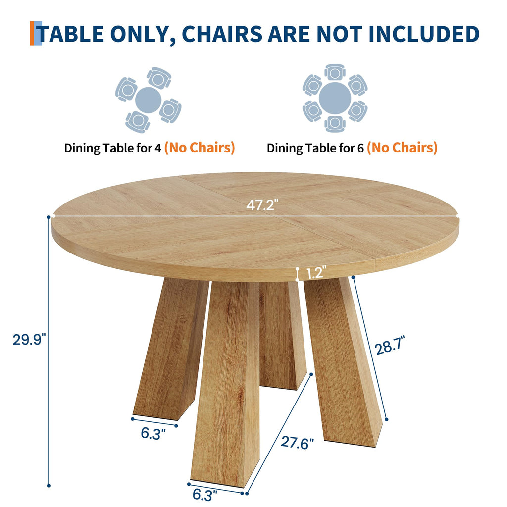 47" Round Dining Table for 4-6, Farmhouse Wood Kitchen Table