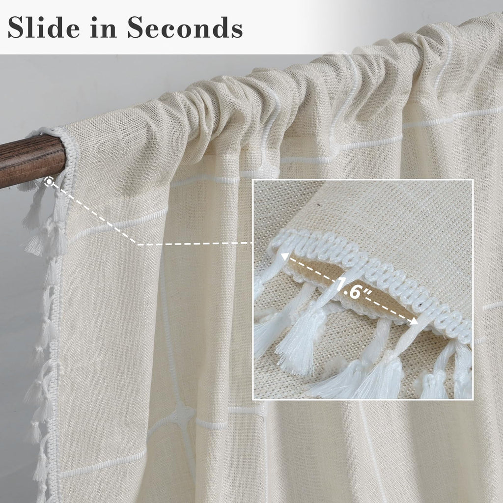 Beige Plaid Curtains, White Embroidered Gingham 63 Inch Boho Farmhouse Curtains & Drapes, Linen Texture Light