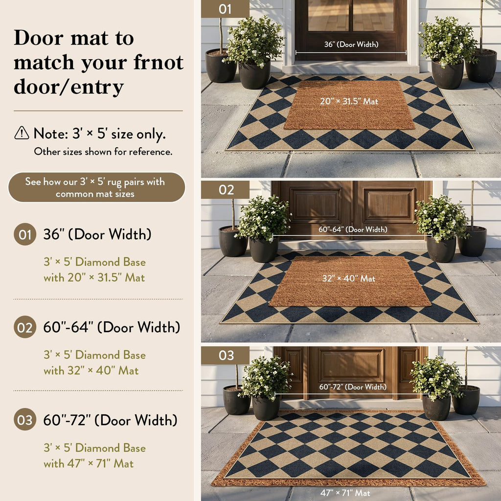 Checkered Easy Jute 3x5 Entryway Front Porch Rug, Black Diamond Indoor Outdoor Patio Layering Rug, Washable Farmhouse
