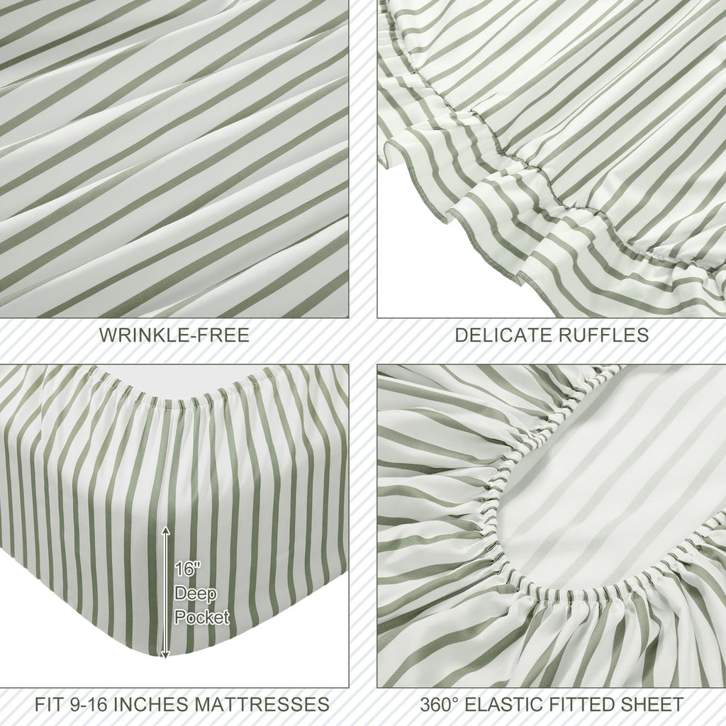 Sage Green Striped Ruffle Sheets Set, Farmhouse Cottage