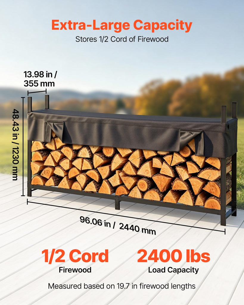 Firewood Rack with Waterproof Cover 8ft 1/2 Cord Outdoor Wood Storage