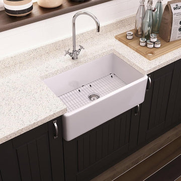 Kitchen Sink 33 inch Single Bowl Apron Front Farmhouse Sink, Fireclay Ceramic Finish Kitchen Sinks, Central Drain