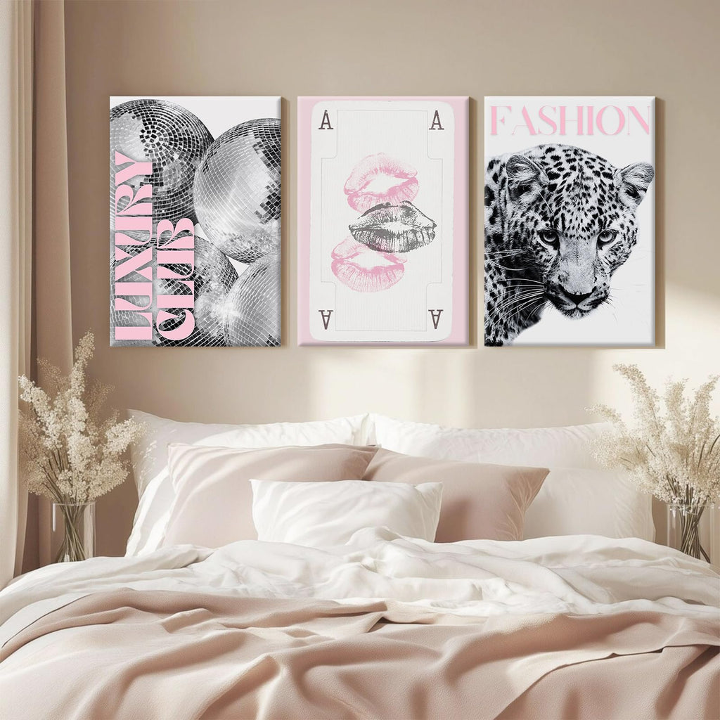 Pink Leopard Trendy Wall Art Cheetah Black White Canvas Wall Decor Fashion Preppy Posters Aesthetic Disco Ball