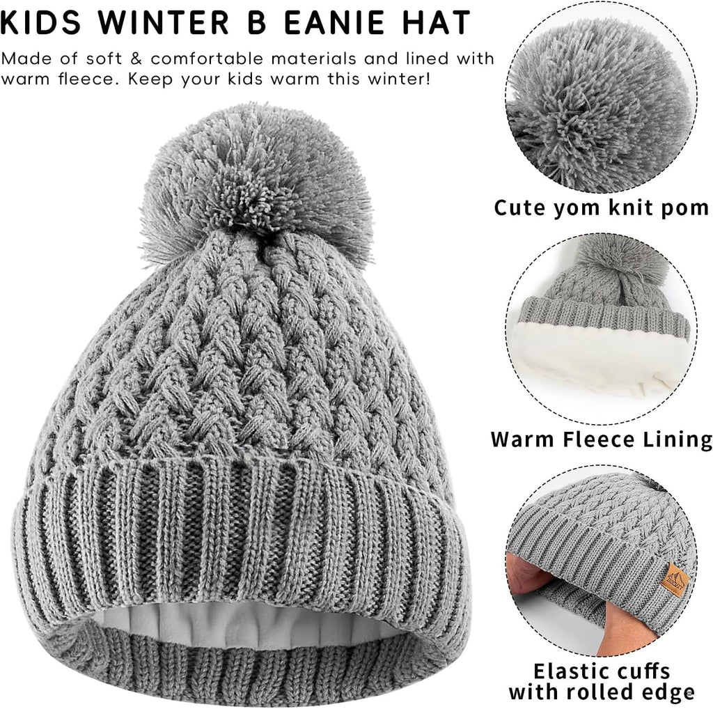 Kids Winter Hat and Gloves Set, Girl Warm Knit Beanie with Pom Fleece Lined for Toddler Boys Girls