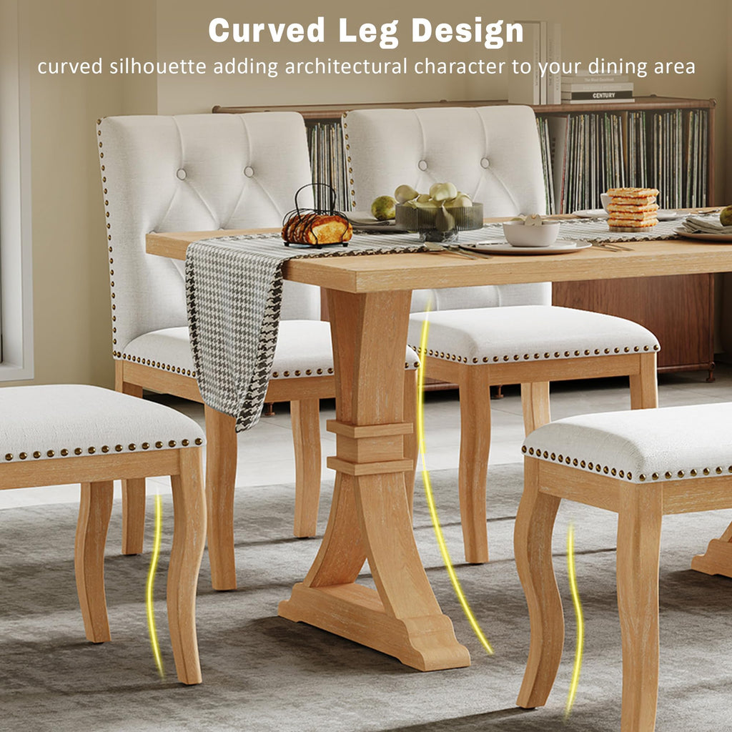 6-Piece Farmhouse Dining Table Set with Bench, Solid Wood Dining Room Table Set with 4 Upholstered Button Tufted