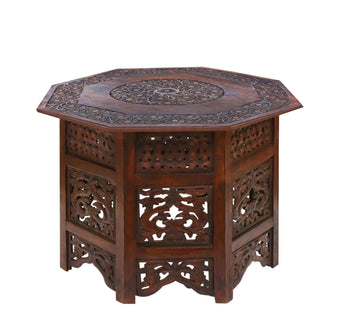 Solid Wood Coffee Table - Hand Carved Folding Octagon Table