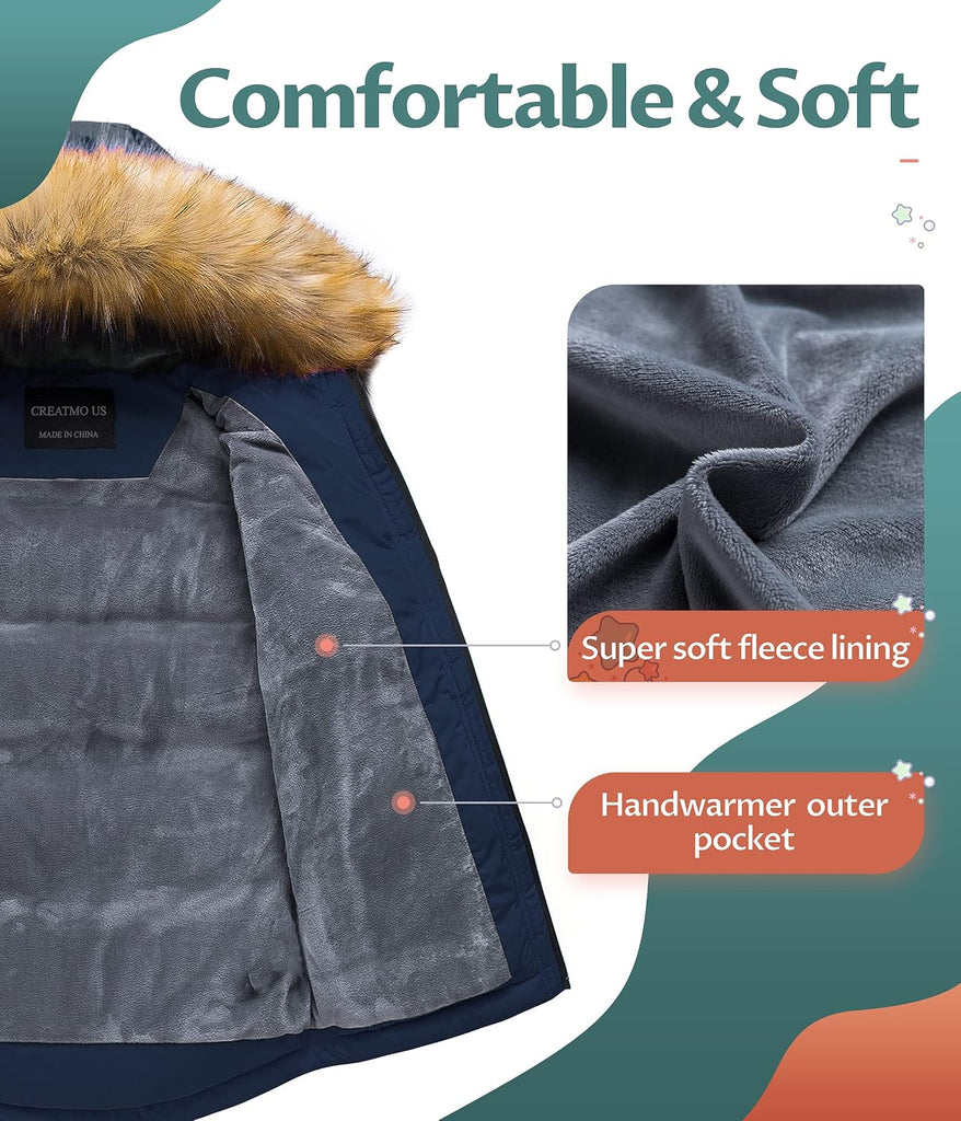 Boy's Winter Parka Water Resistant Hooded Puffer Fleece Lined Jackets Coats