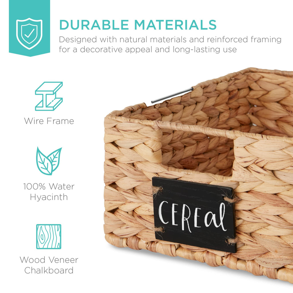 Set of 4 9x12in Water Hyacinth Pantry Baskets, Woven Organizers w/Chalkboard Label, Chalk Marker - Natural