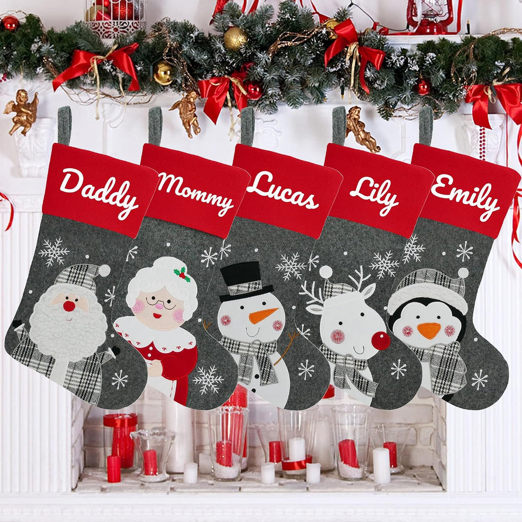 18" Dia Personalized Gray Christmas Stockings with Embroidery Names, with Holders,Quality Thick Fleece - Set of 8