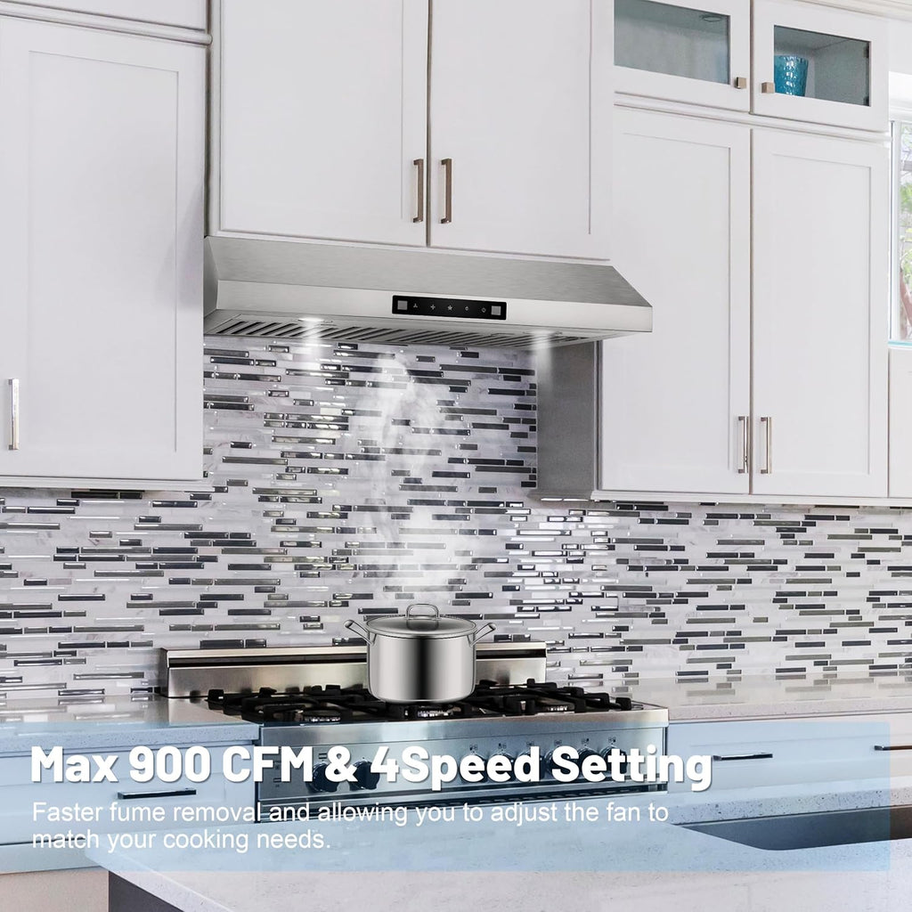 30 Inch Stainless Steel Wall Mount Range Hood 780 CFM 3 Speed Touch Control, LED Lights Convertible Ducted/Ductless