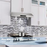 30 Inch Stainless Steel Wall Mount Range Hood 780 CFM 3 Speed Touch Control, LED Lights Convertible Ducted/Ductless