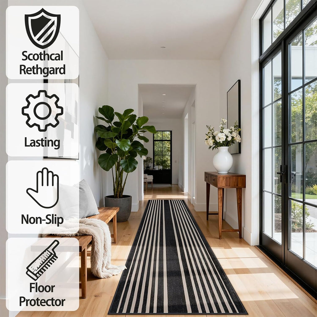 Black and White Striped Runner Rug, 2. Washable Geometric Rugs, Non Slip Rubber Backing Indoor Runner Rugs Modern