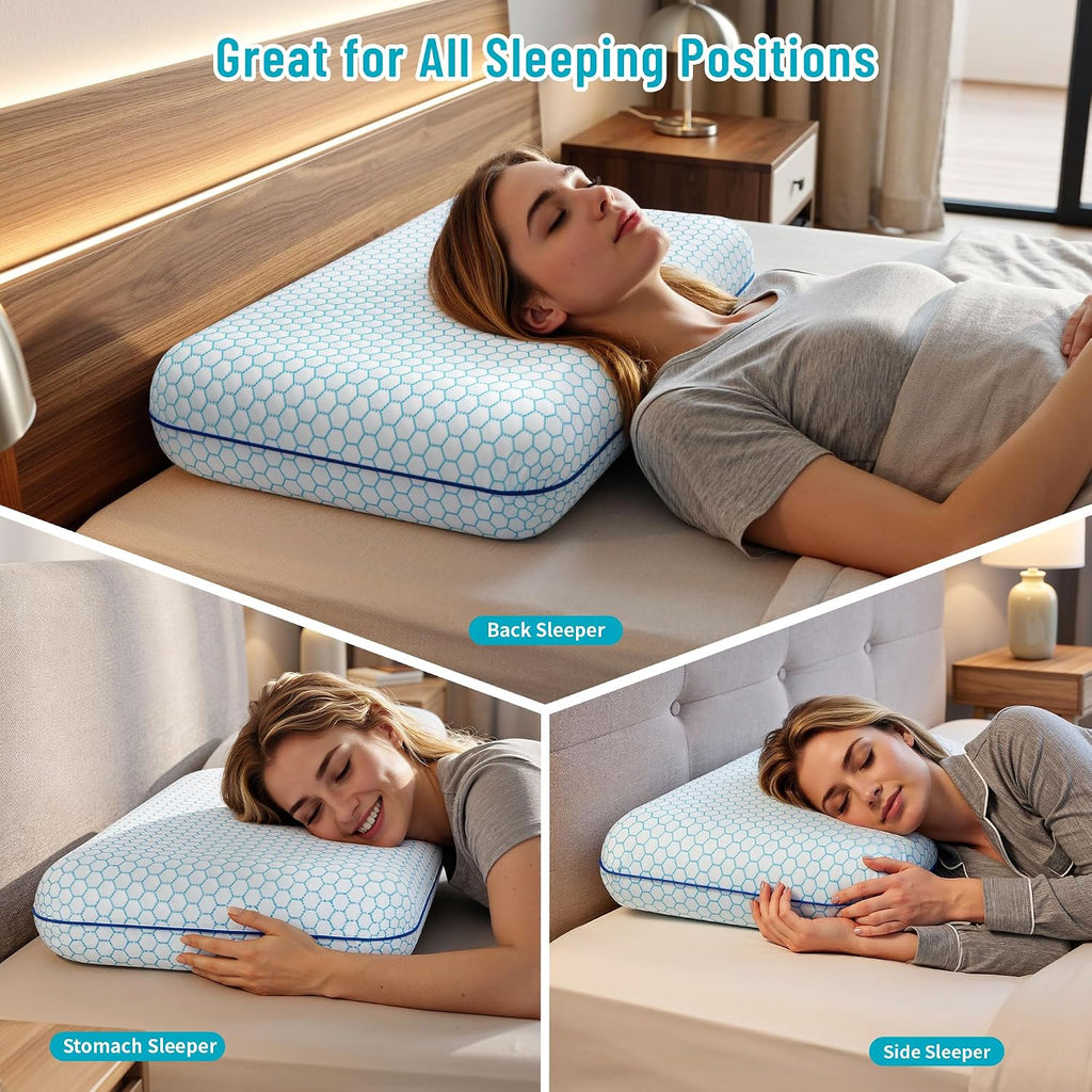 Bed Pillows for Sleeping 2PCS, Memory Foam, King Size, Blue | For Side, Back, Stomach Sleepers, Soft & Supportive