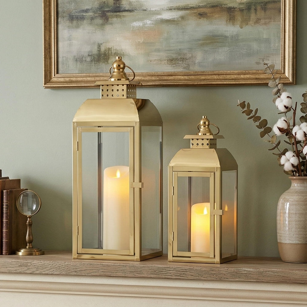 Set of 2 Gold Stainless Steel Decorative Candle Lanterns 20.5"&15" High Metal Candle Lanterns for Indoor Outdoor