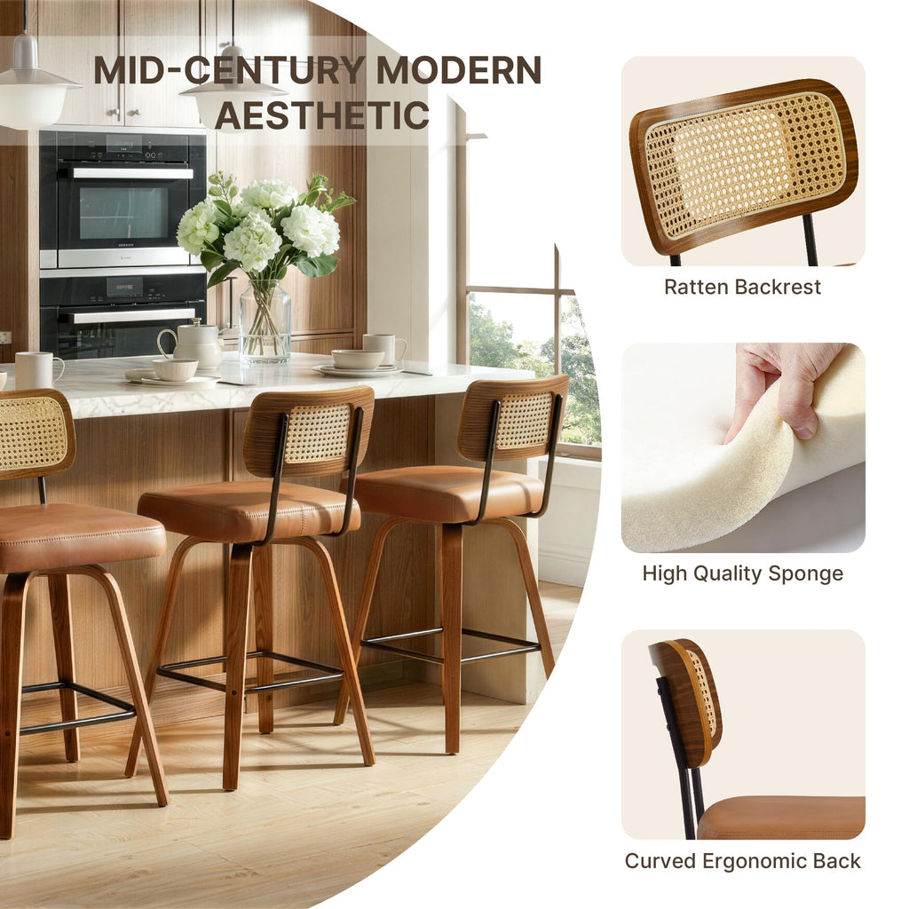Swivel Bar Stools Set of 2, 26" Counter Height with Rattan Back, Brown