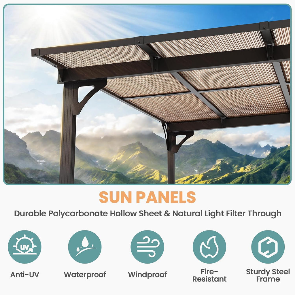 10x10FT Wall Mounted Gazebo, Hardtop Lean to Gazebo with Aluminum Frame & UV Resistant Polycarbonate Roof