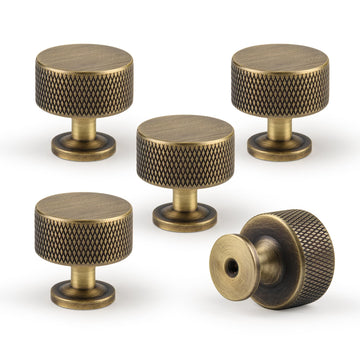 1.1" Knurled Solid Brass Cabinet Knobs, Antique Brass 5-Pack