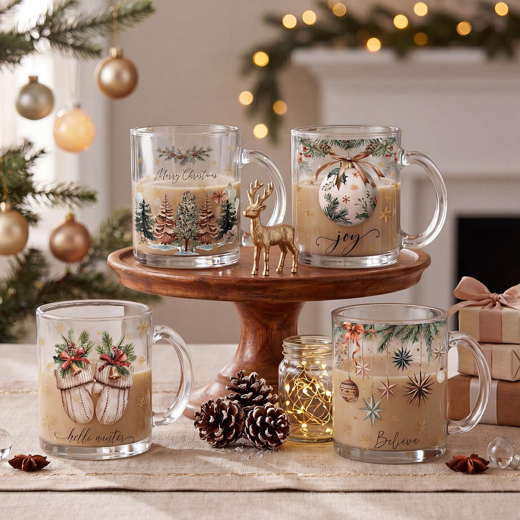 4 Pcs Christmas Glass Coffee Mugs 12 oz Clear Holiday Cups