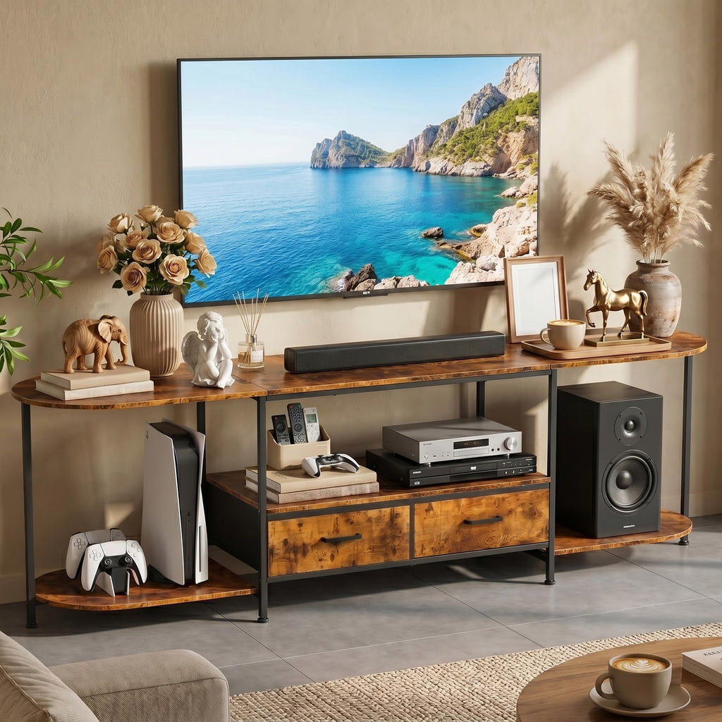 70.8" TV Stand for TVs up to 75 Inches, Curved Edge Media Console & Entertainment Center with 2 Fabric Drawers