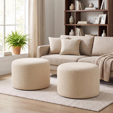 Boho Round Pouf Ottoman Set of 2, Upholstered Ottomans, Beige