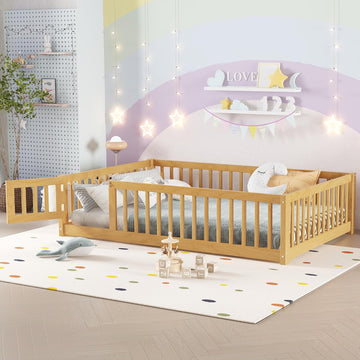 Full Size Montessori Bed with High Fence and Guardrail, Solid Wood Floor Bed Frame for Kids Boys Girls, Natural