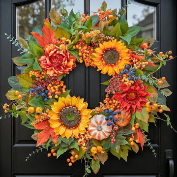 24 Inch Harvest Fall Wreaths for Front Door Outside with Sunflowers