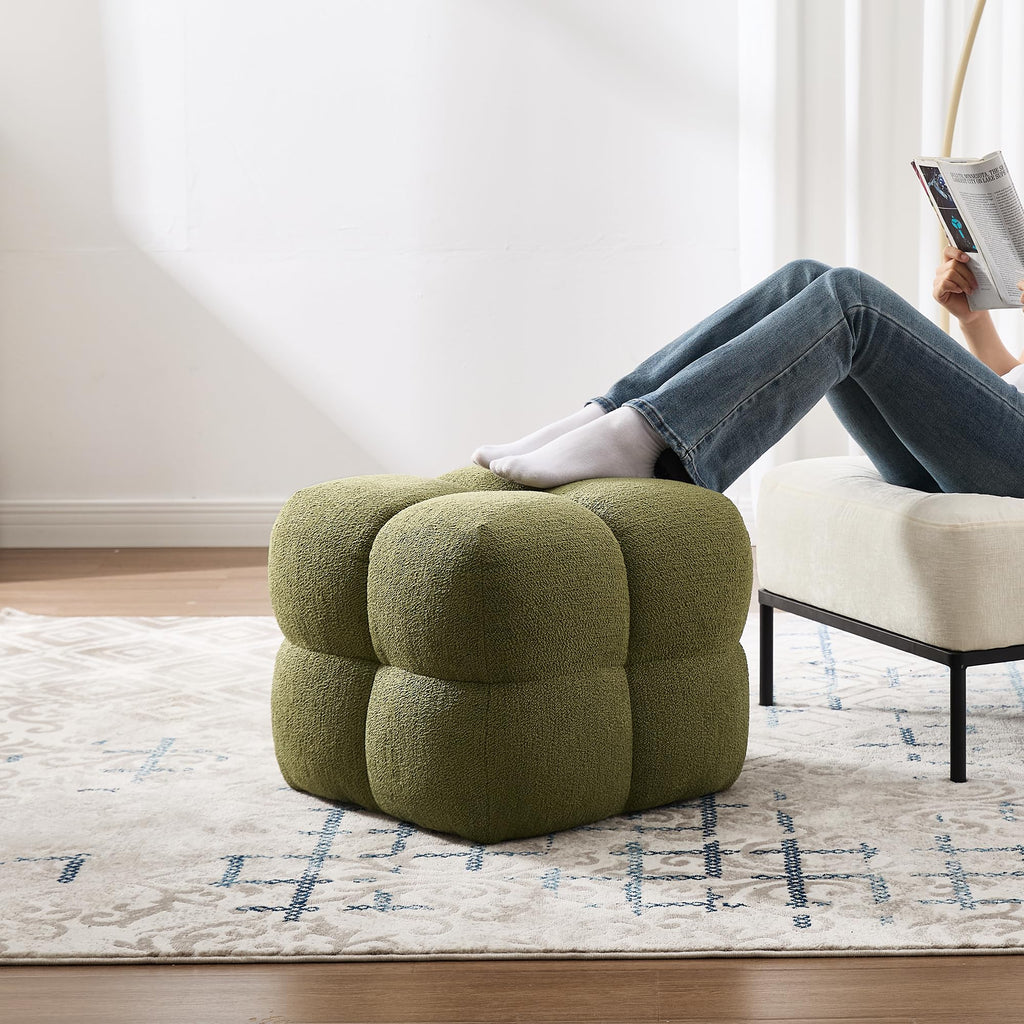 Olive Green‌ Modern Ottoman, 21" Square Fuzzy Couch Sherpa Pouf Ottoman, Tufted Cute Boucle Fabric Foot Stools