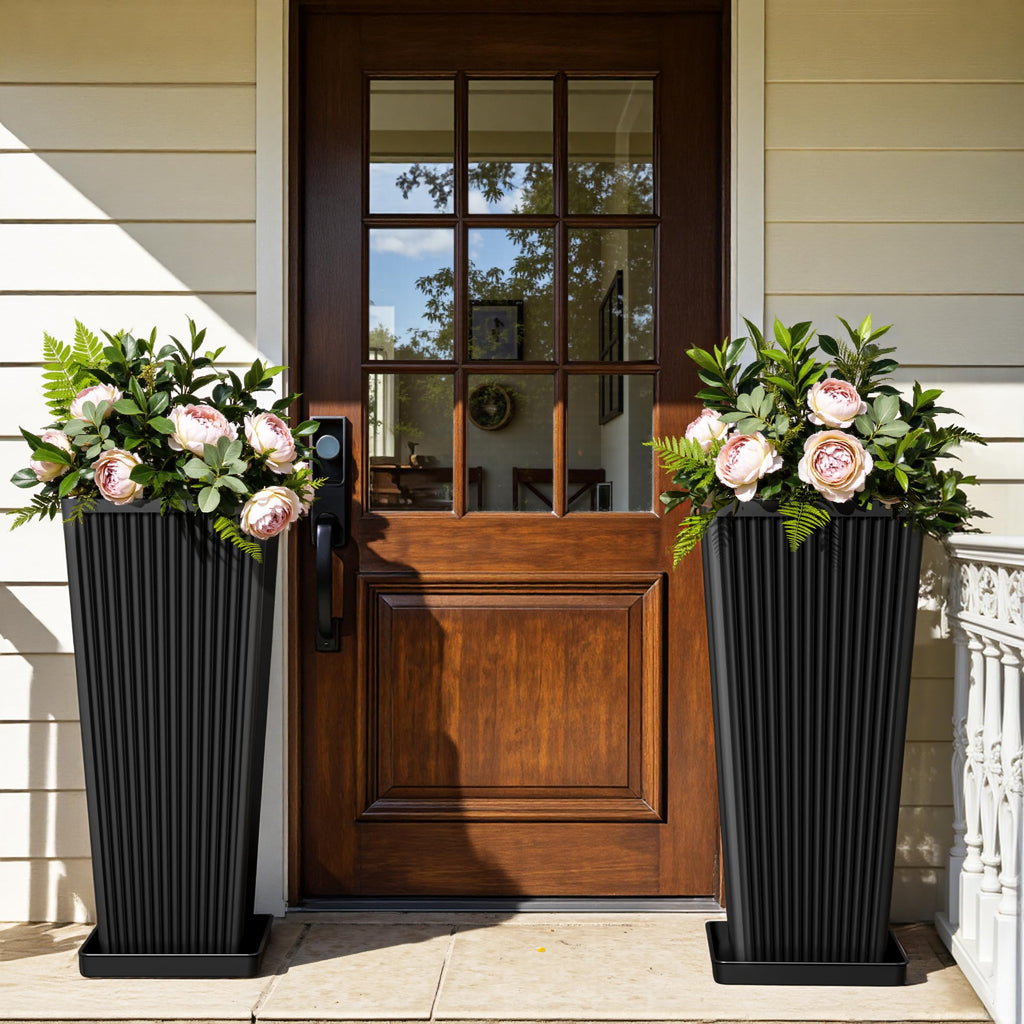 24" Tapered Tall Planters for Outdoor Plants with Tray&Shelf, Black