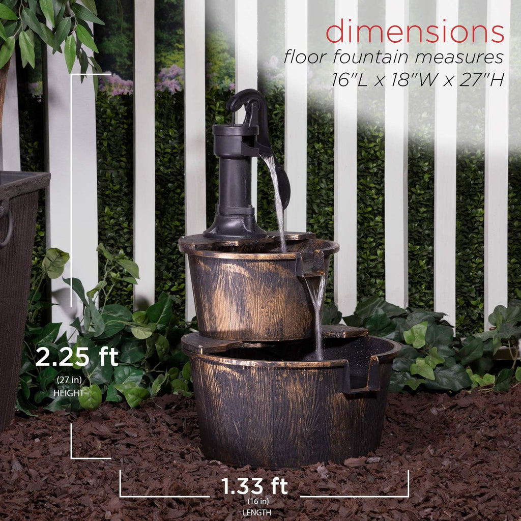 27" Tall Rustic Outdoor 2-Tier Barrel Pump Water Fountain with Soothing Cascading Water Flow, Landscape, Bronze