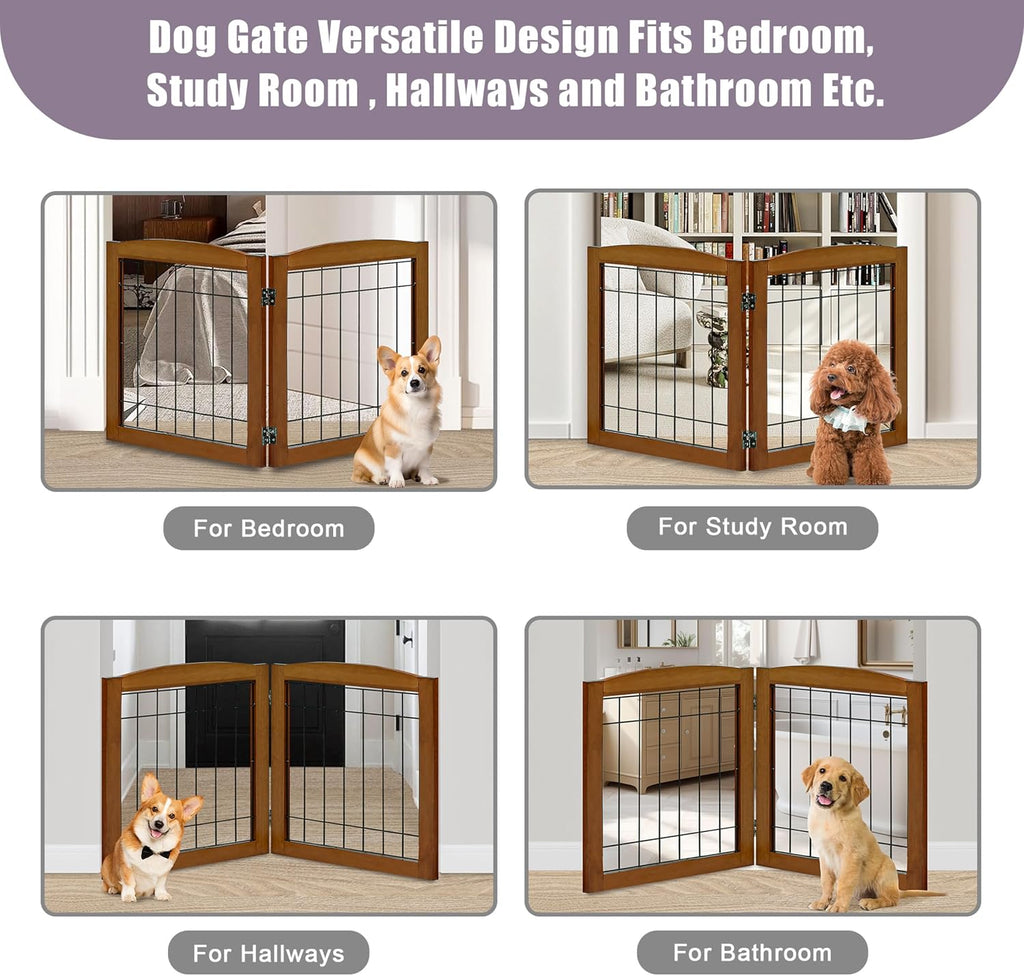 2-Panel Freestanding Foldable Wood Dog Gate - Solid Wood & Steel Wire, Chew-Resistant Pet Barrier for Indoor Use