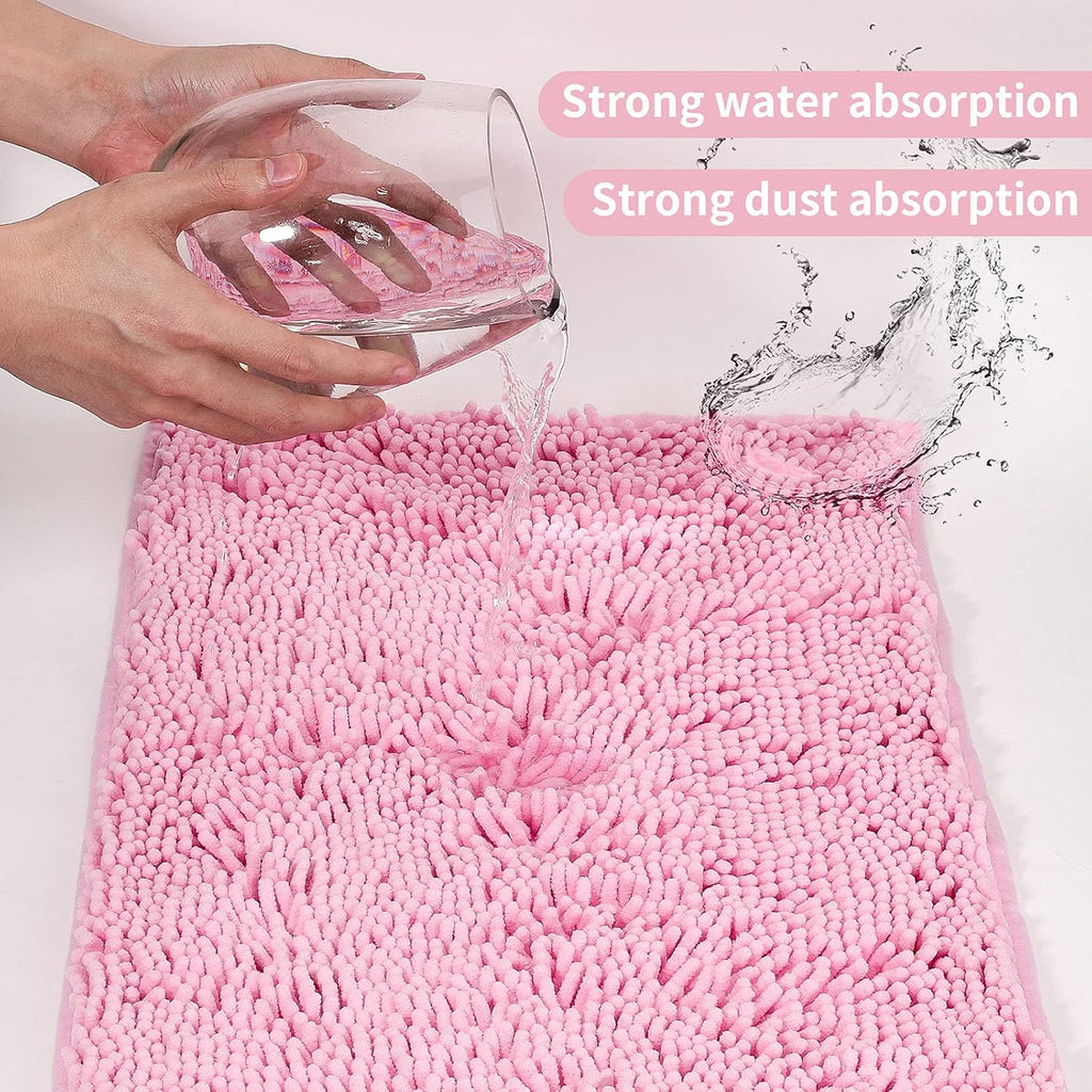Bathroom Rugs, Super Absorbent Luxury Shaggy Chenille Bath Mats, Pink 17x24_20x32